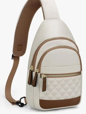 Cream and Brown Quilted Crossbody Sling Backpack